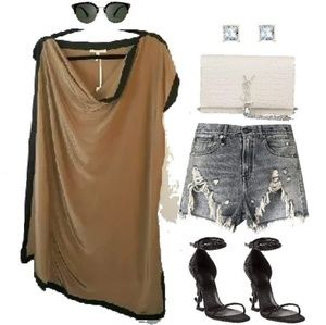 Gold Hawk Tan Black Silk Assymetric Tunic Dress